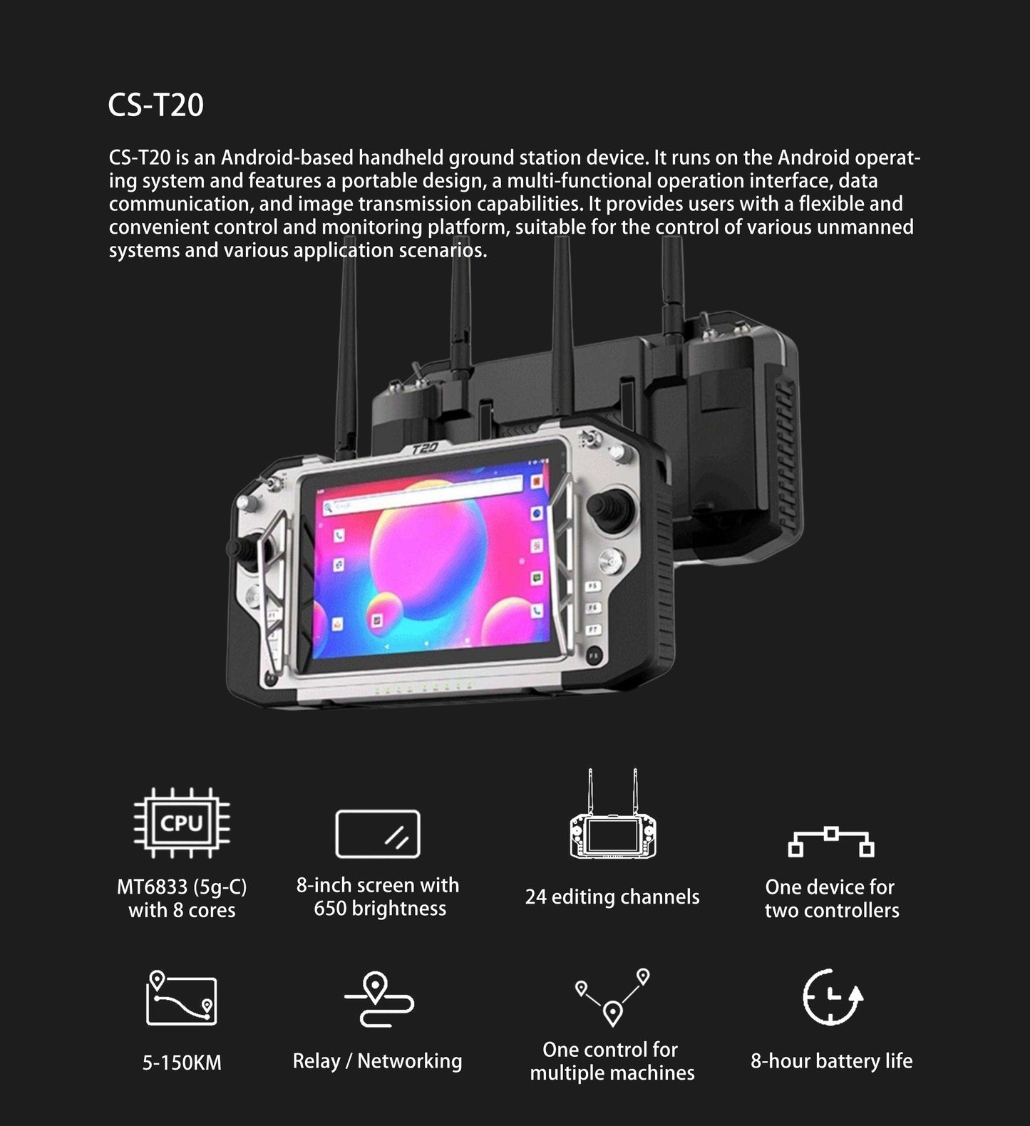 Croskylink CS-T20 Industrial Handheld Controller Aluminum 1200g 8-Inch IPS Display Ground Control Station Gcs Remote System