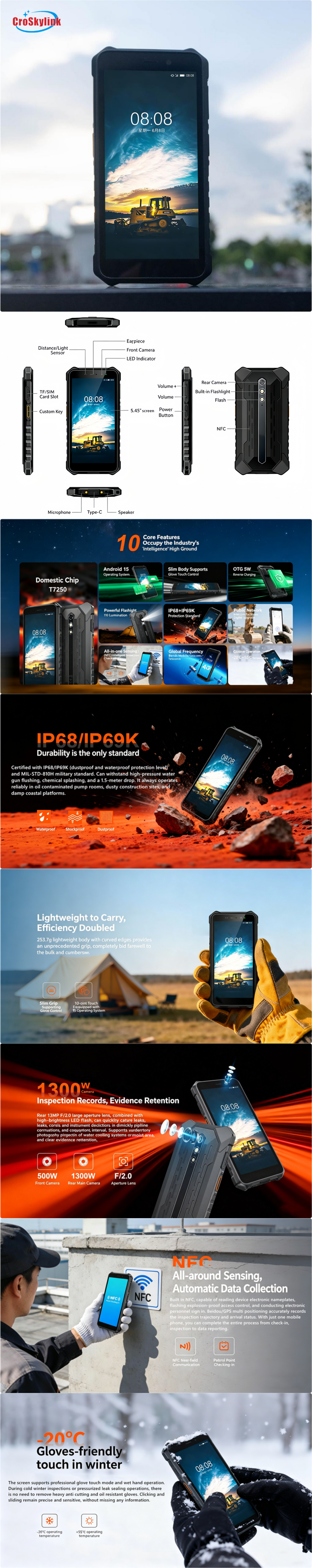 CS-A6-2026 Rugged IP68 Waterproof Shockproof Walkie Talkie Android 15 NFC Touch Screen Phone