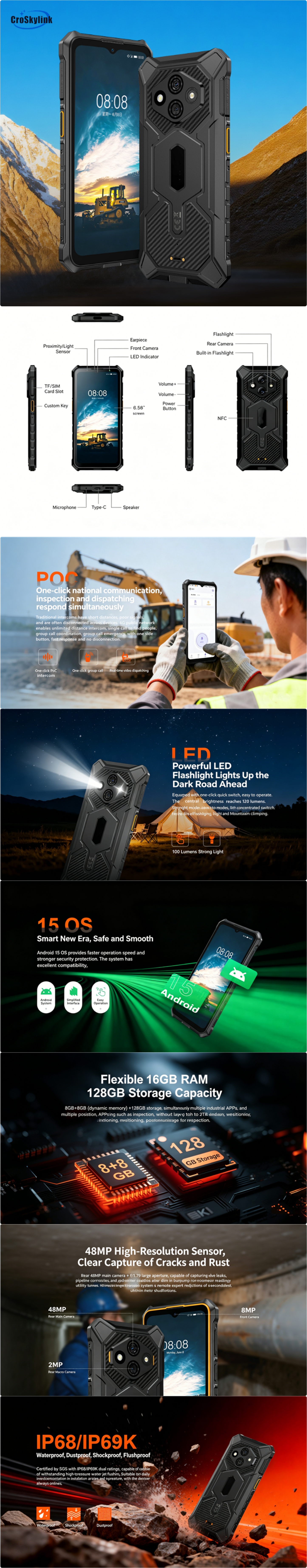 CS-A8-2026 IP68 IP69K Waterproof Shockproof Customize Industrial Rugged Phones 2026 New Version Android 15 8GB+128GB Dual SIM Mobile Phone