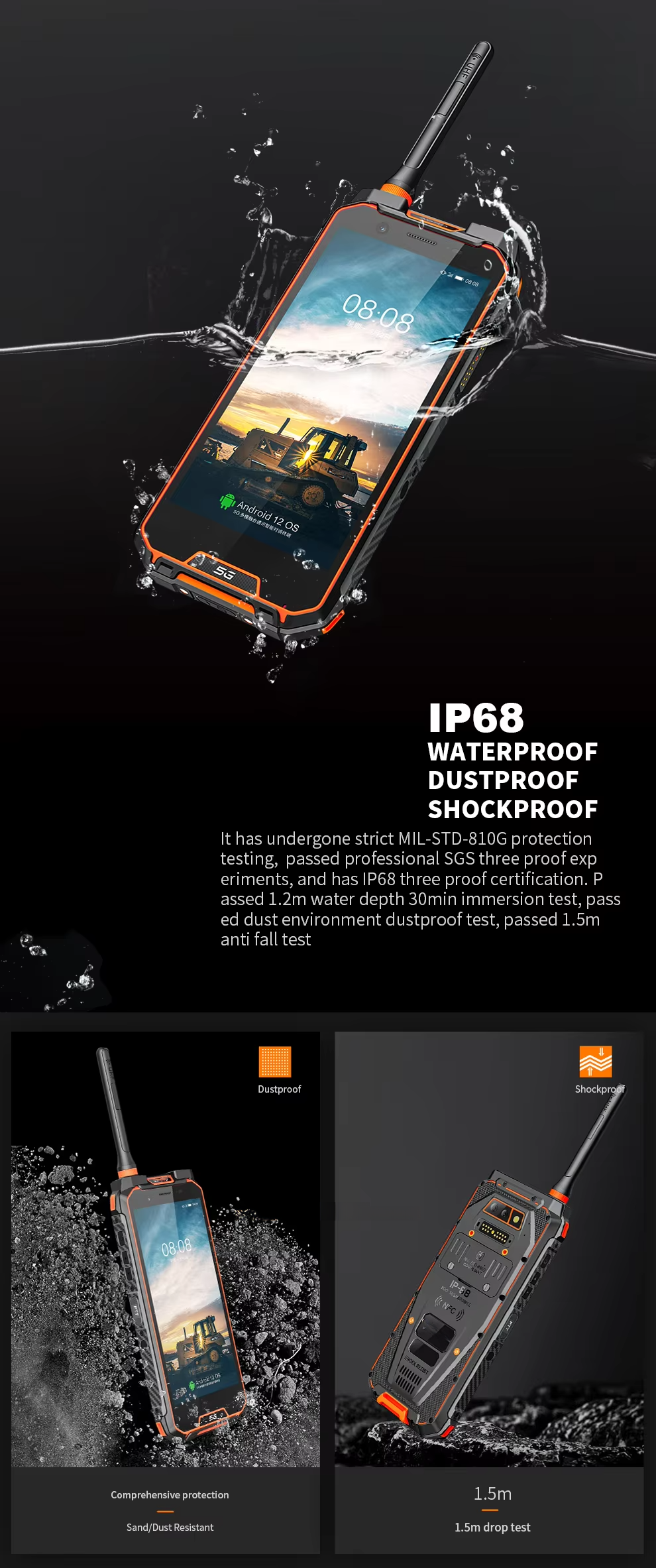 CS-M5 5G Octa Core Rugged Mobile Phone Android 12 Ip68 LCD Display Octa Core CDMA IP68 Waterproof Shockproof NFC Walkie Talkie