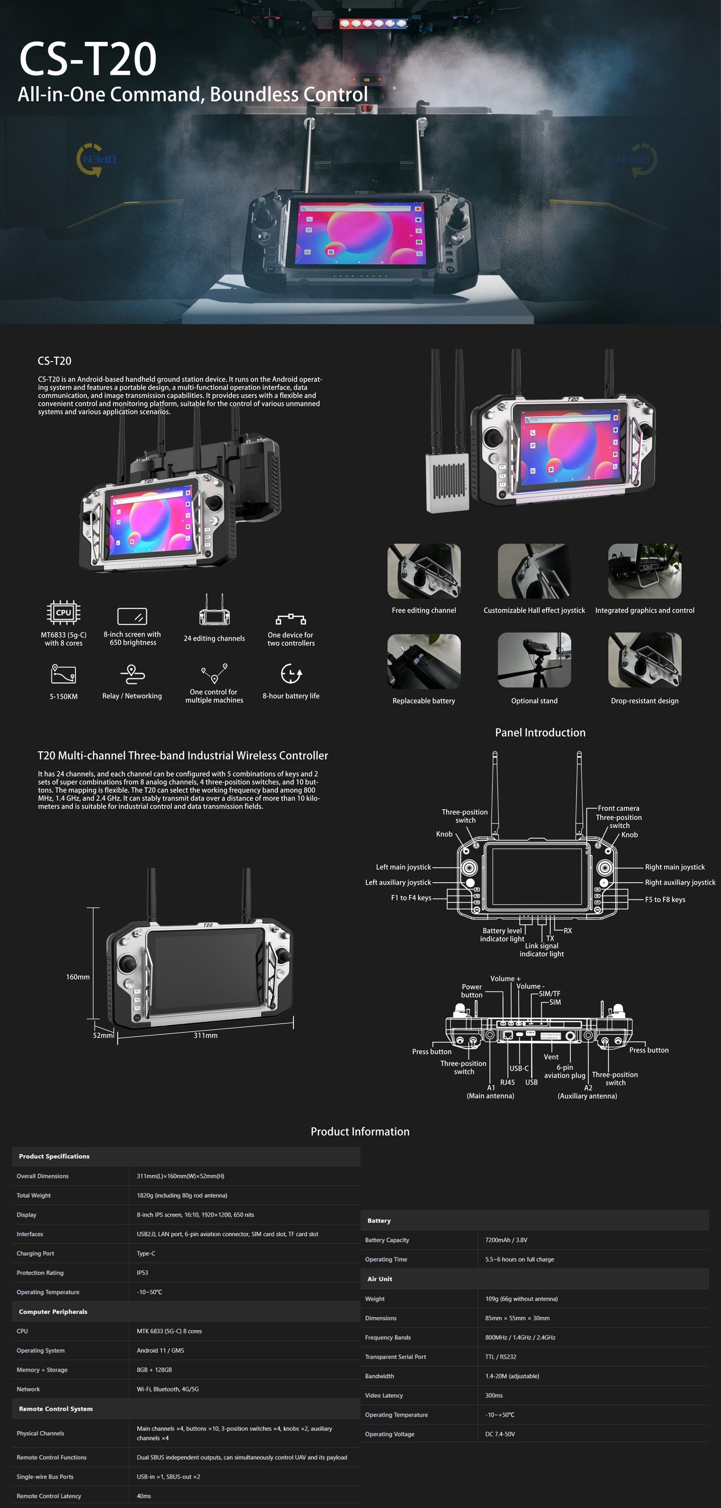 Croskylink CS-T20 Industrial Handheld Controller Aluminum 1200g 8-Inch IPS Display Ground Control Station Gcs Remote System